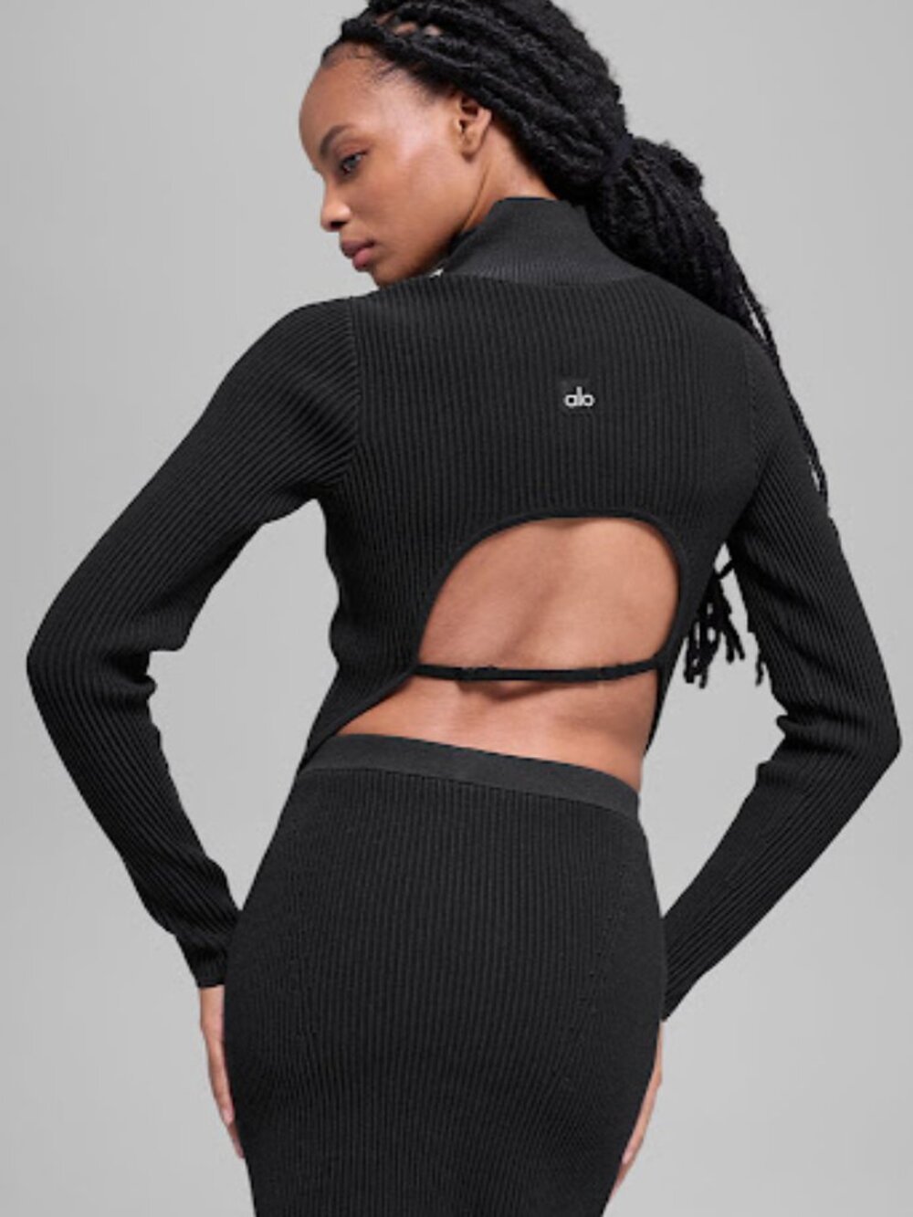Alo Yoga Denim Knit Backless Long Sleeve, Black/Anthracite, Size S, BNWT
